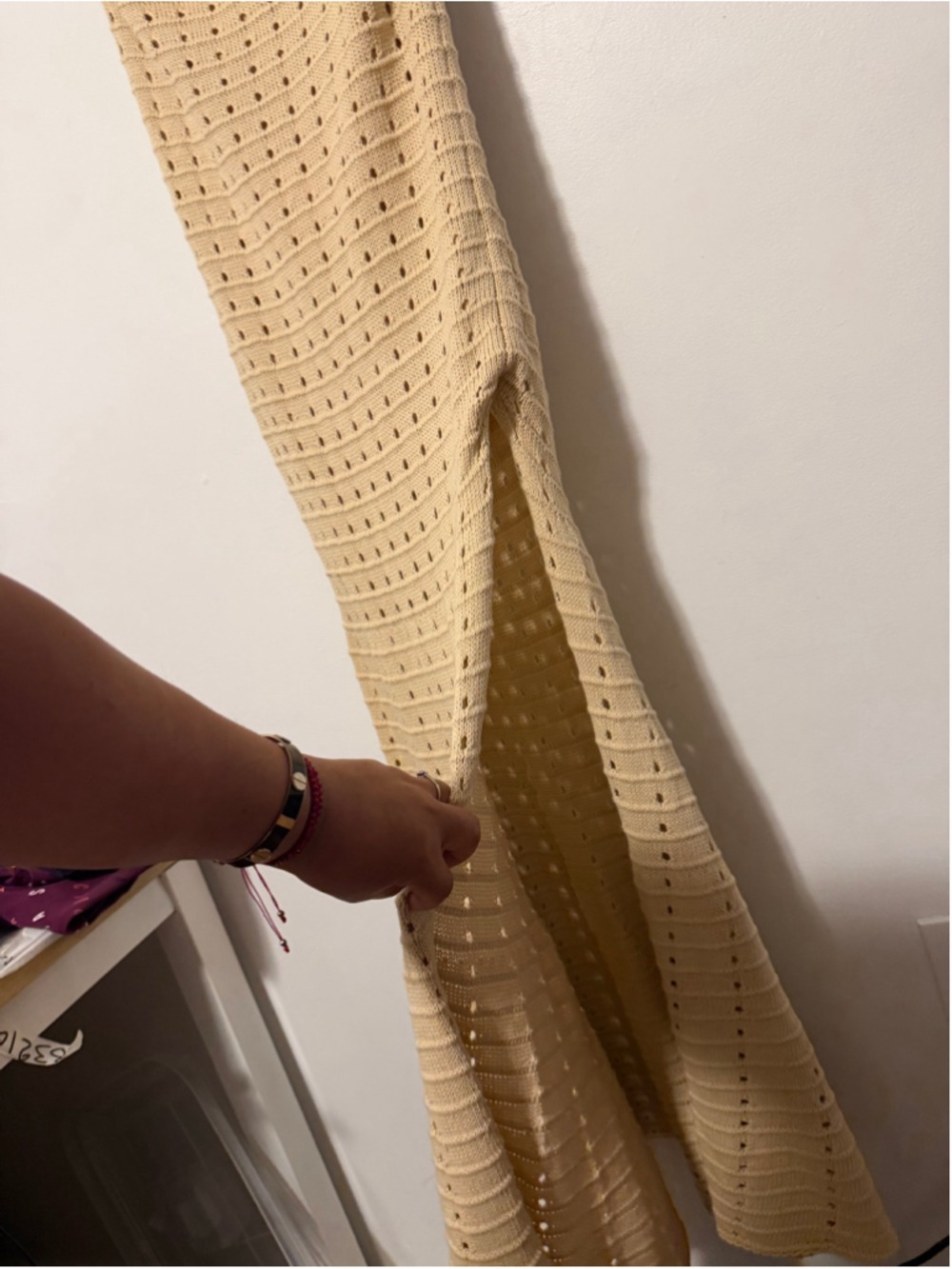 FORE Women’s Size L Beige Crochet Knit Strapless Maxi Dress Side Slit Boho - Picture 3 of 5